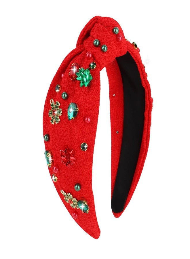 CAVETEE Red Christmas Headband for Women, Wide Top Knot Rhinestone Holiday Headband Christmas Hair Accessories for Women and Girls Festive Gifts - Image 1